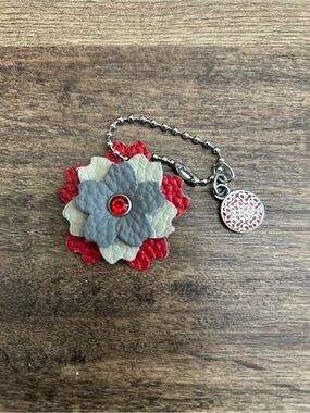 Upcycled Coach Medallion Floral Leather Bag Charm/Keychain - Red, Cream & Gray